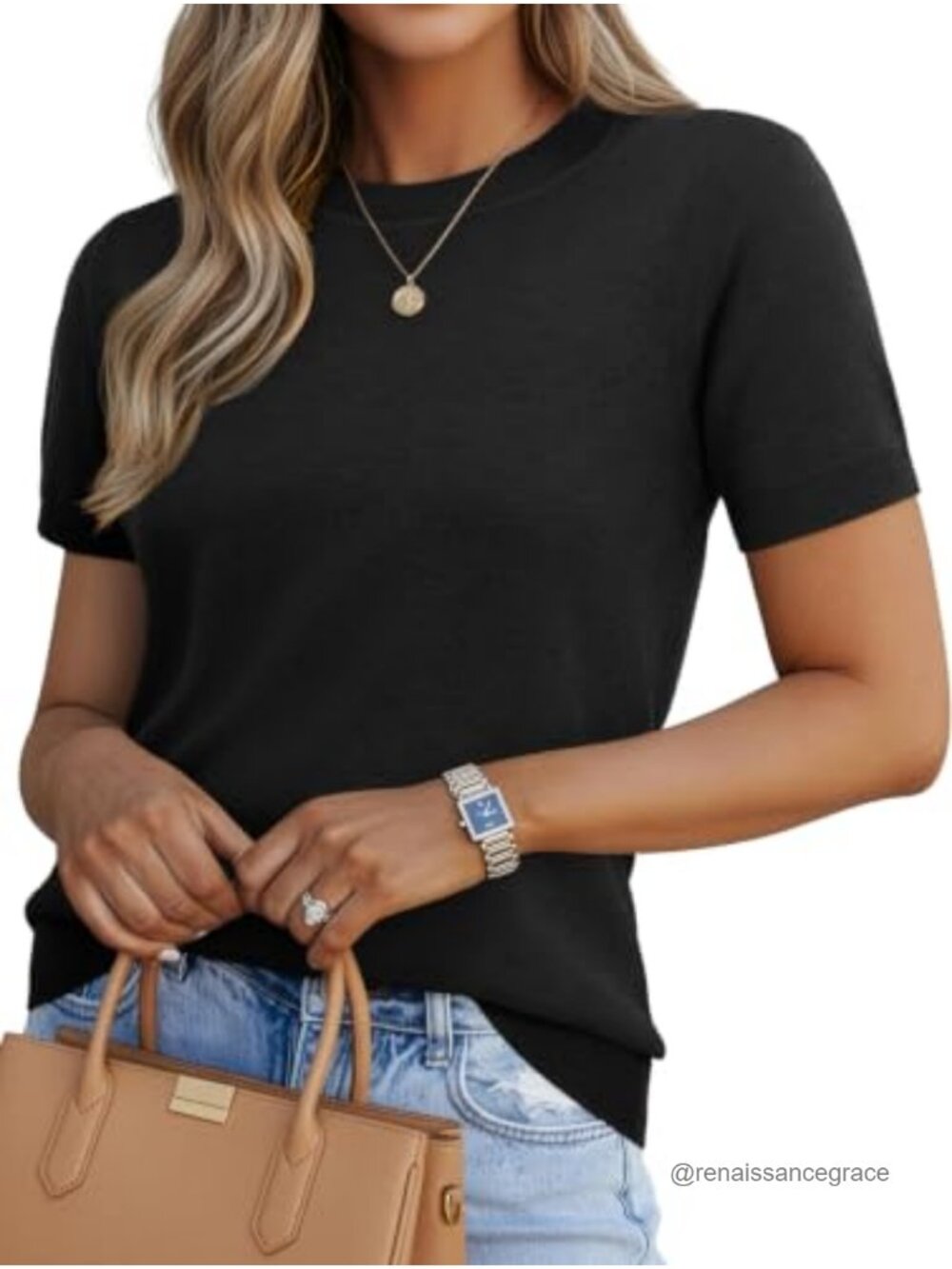 Short Sleeve Wool Blend Sweater Lightweight Knit Business Casual Top